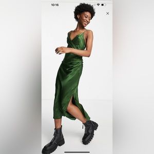 Stradivarius wrap midi satin dress in green